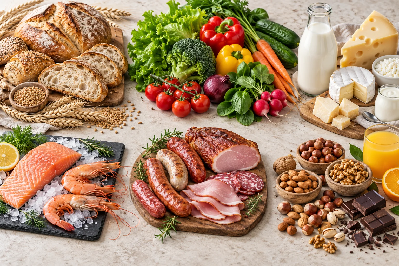 A diverse assortment of bakery foods, produce, dairy, seafood, meat, nuts and chocolate